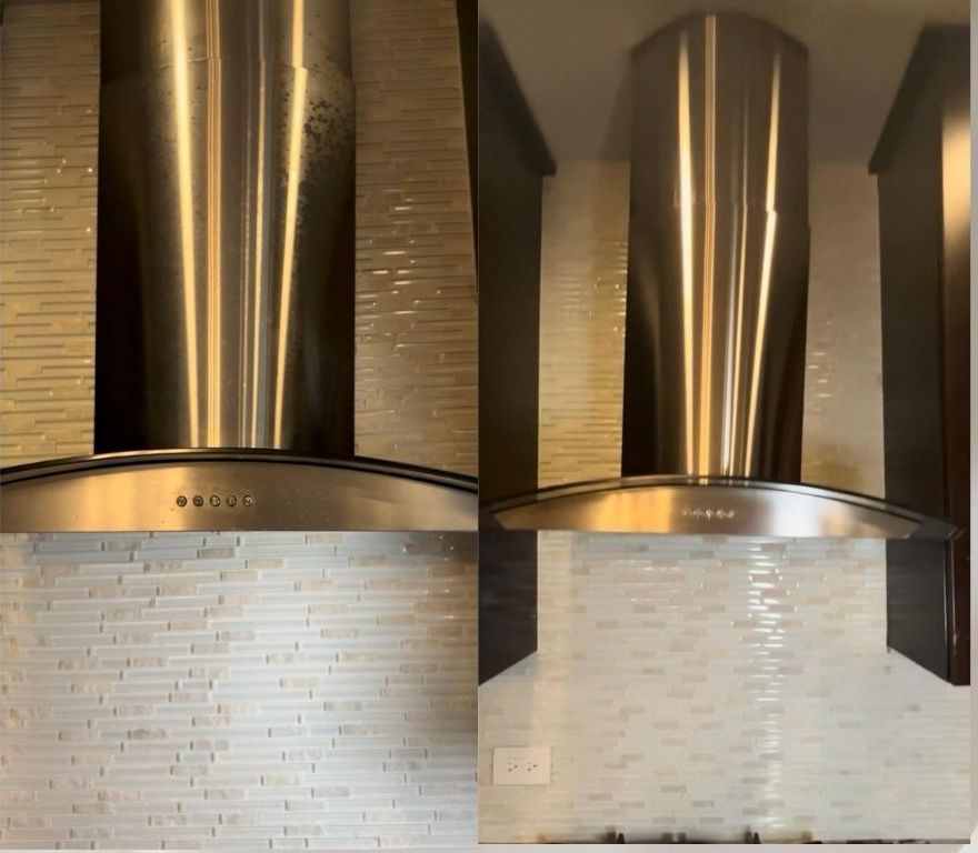 Side-by-side comparison of a greasy kitchen range hood before and after professional cleaning by Maids in Naperville.