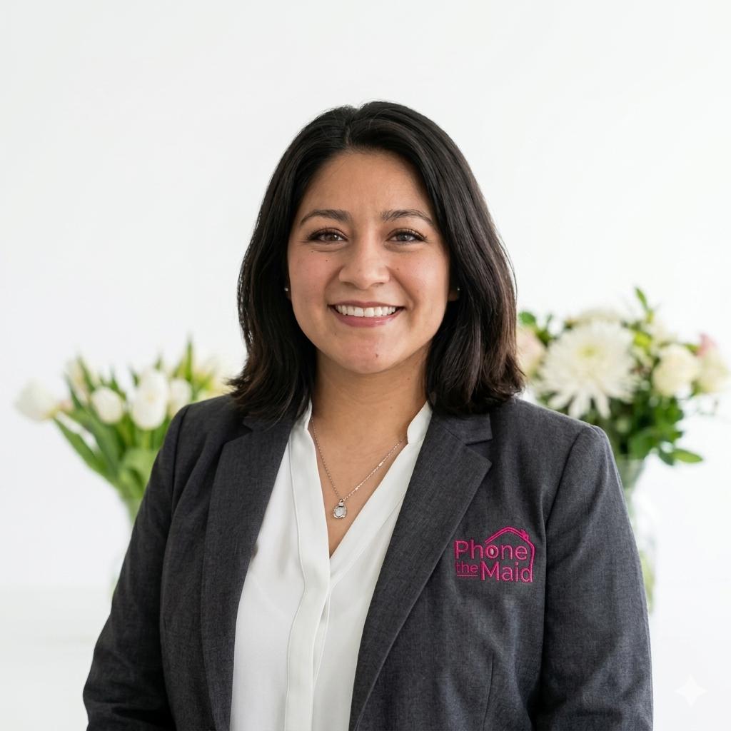 Phone the Maid Cleaning Services Professional smiling in a grey blazer with a pink logo