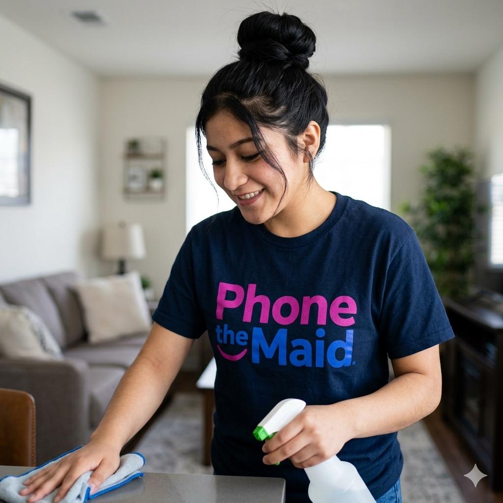She is wearing a navy t-shirt featuring the pink and blue "Phone the Maid" logo